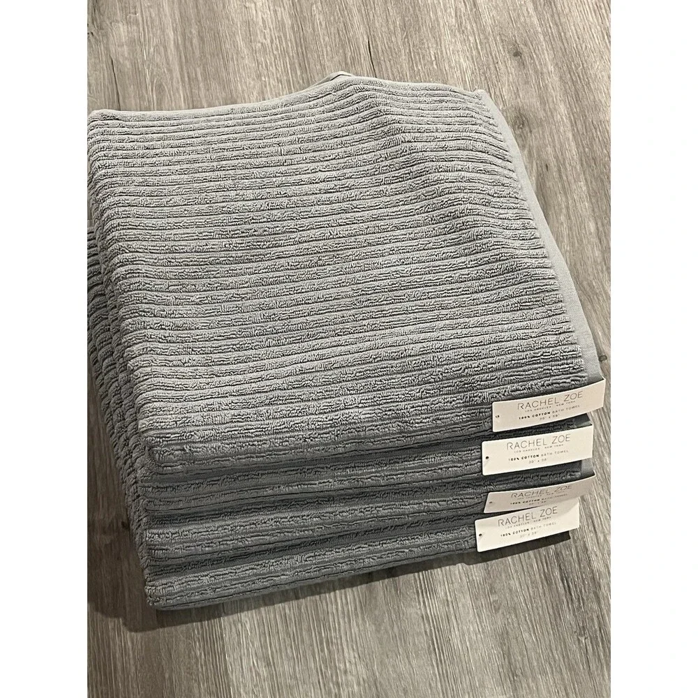 4 Piece Rachel Zoe Bath Towel Set Gray Solid Ribbed Texture New